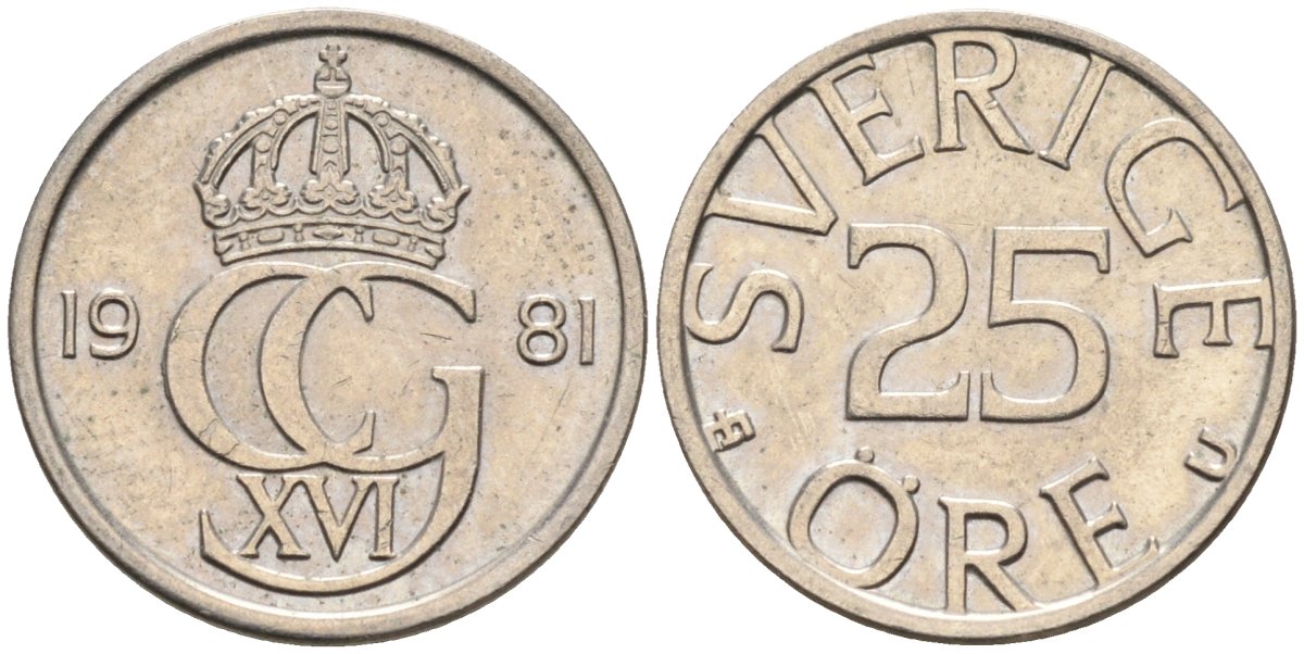 Швеция 25 эре 1981 Карл XVI Густав (1973- ) KM 851 медно-никель UNC 4585-525