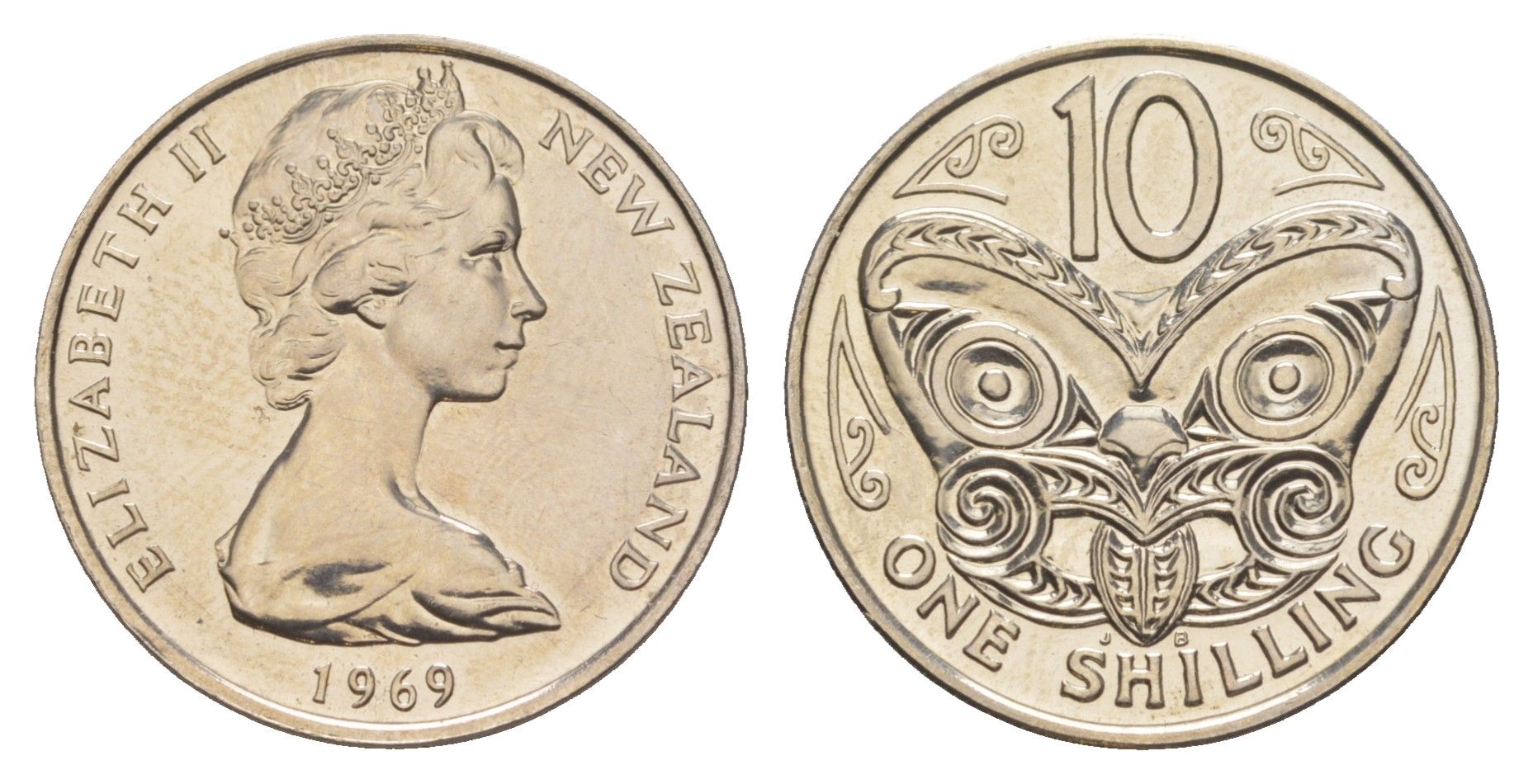 Новая Зеландия 10 центов 1969 Елизавета II (1952-2022), маска маори KM 35 медно-никель UNC 4652-634