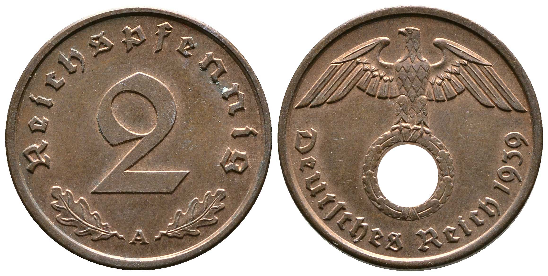Германия 2 рейхспфеннига 1939 A KM 90, J. 362 бронза 220-556