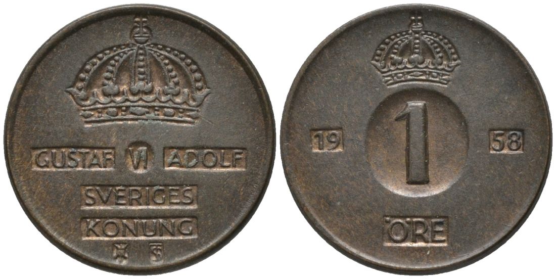 Швеция 1 эре 1958 TS, Густав VI Адольф (1950-1973) KM 820 бронза 54-1242