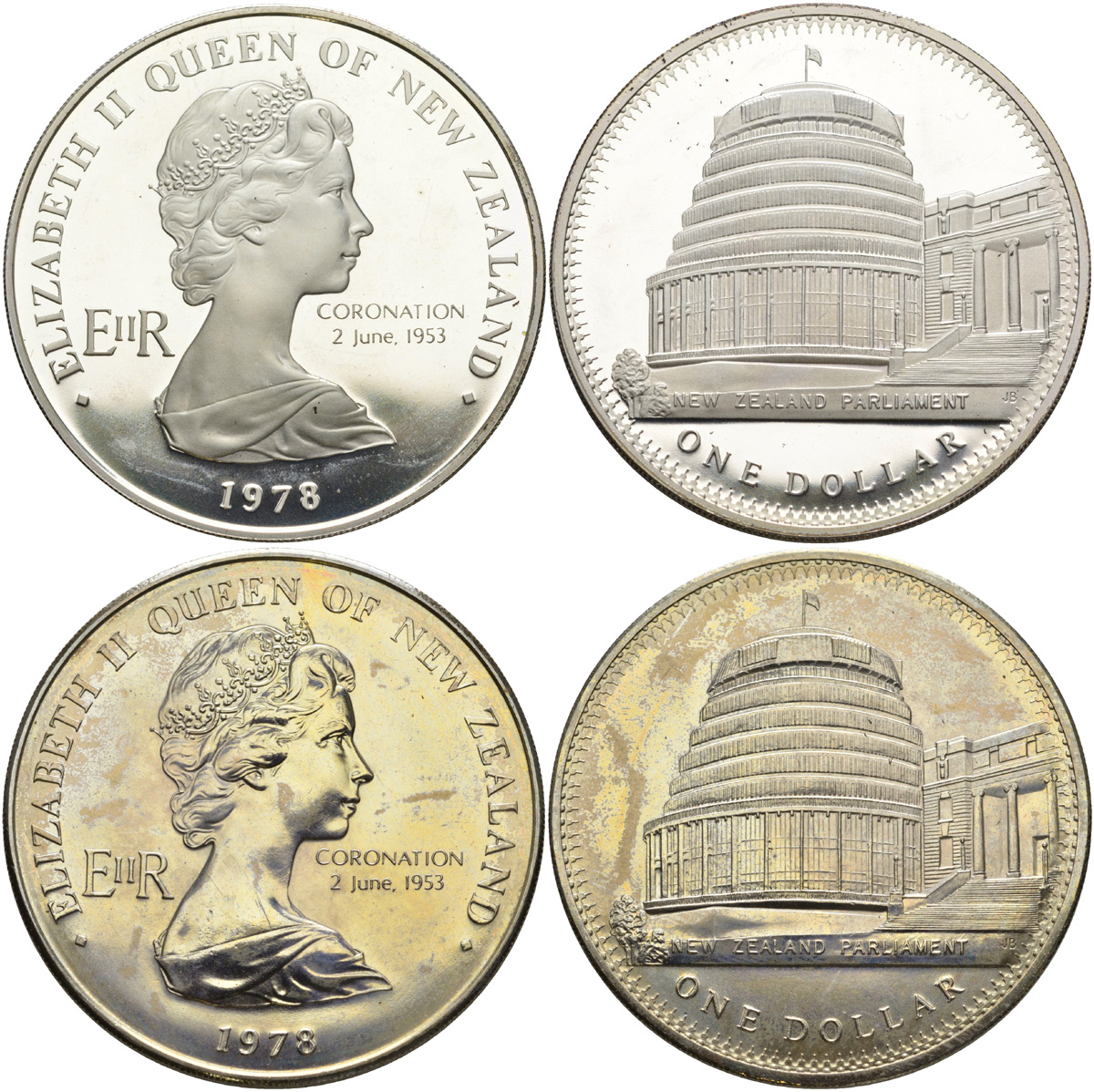 Новая Зеландия набор из двух монет по 1 доллару 1978 25 лет коронации Елизаветы II и открытие здания Парламента, в буклете KM 47, 47a серебро, медно-никель PROOF, UNC 7-4-54