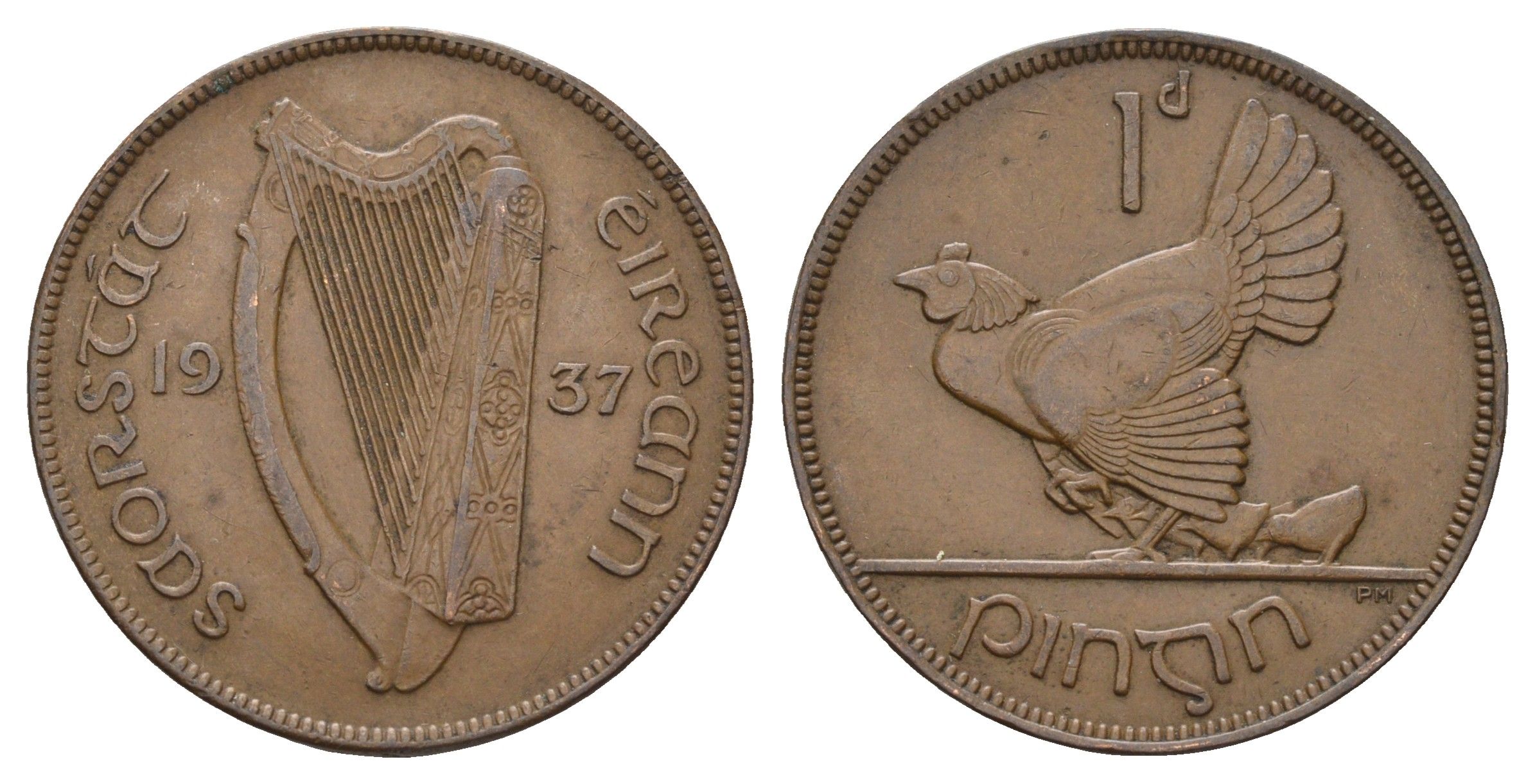 Ирландия 1 пенни 1937 курица с цыплятами KM 3 бронза 4672-522