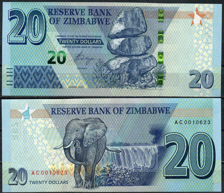 Зимбабве 20 долларов 2020 камни Чиремба, слон,Ю водопад Виктория Pick 104 b  бумага  UNC (пресс) 448-177-3