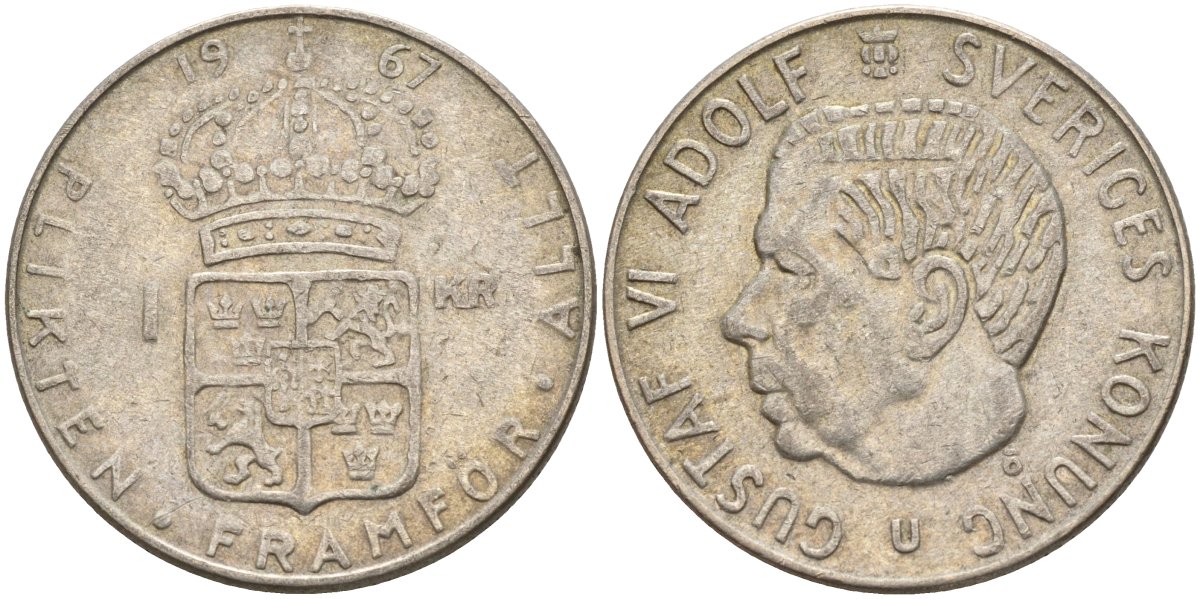 Швеция 1 крона 1967 U, Густав VI Адольф (1950-1973) KM 826 серебро 4150-226