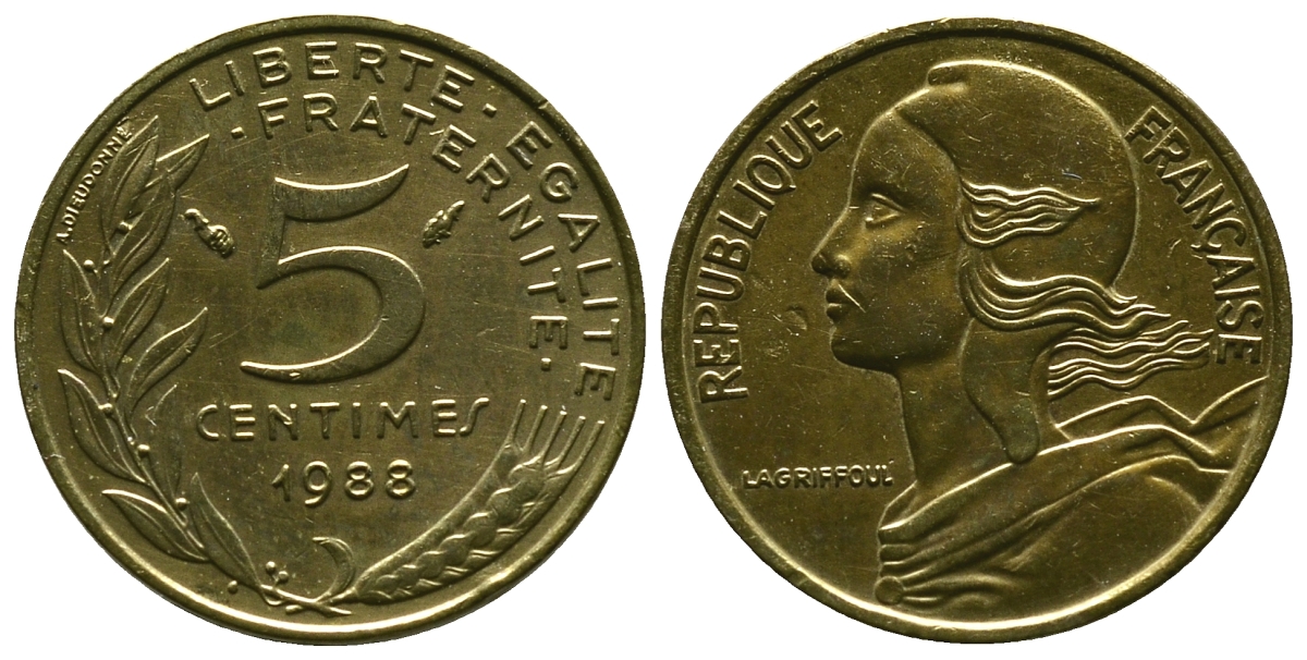 ФРАНЦИЯ 5 САНТИМОВ 1988 ТИП MARIANNE KM 933 медь алюминий никель 4381-623