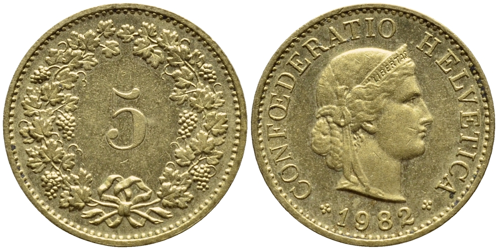 Швейцария 5 раппенов 1982 KM 26с алюминий латунь 4396-1128
