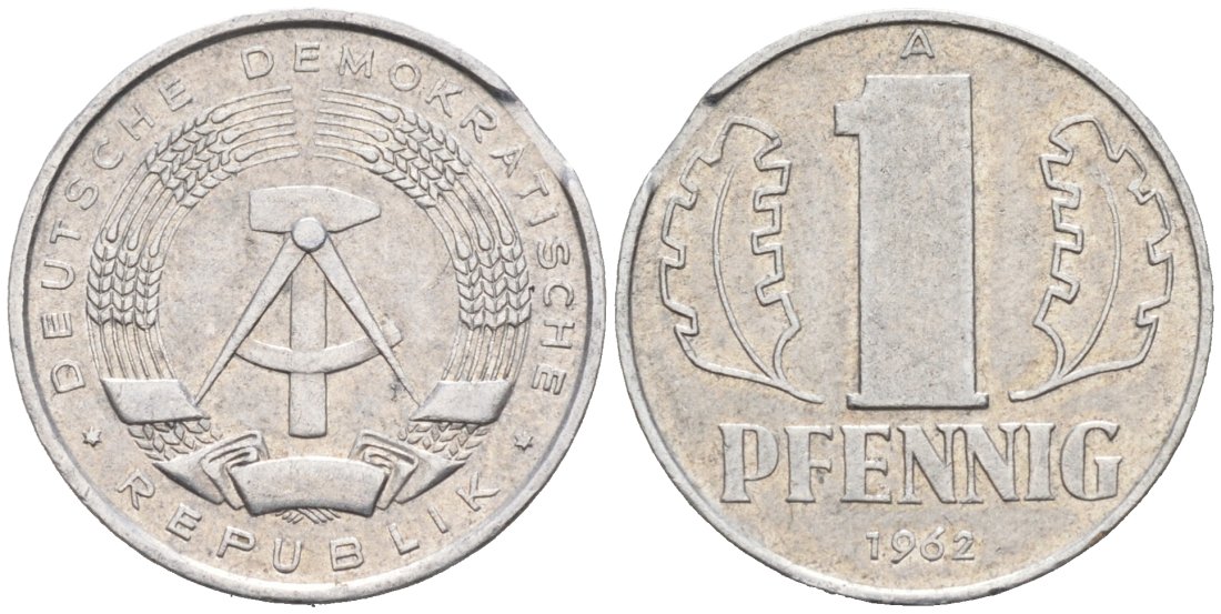 ГДР 1 пфенниг 1962 А, БРАК КРУЖКА KM 8.1 алюминий 4549-932
