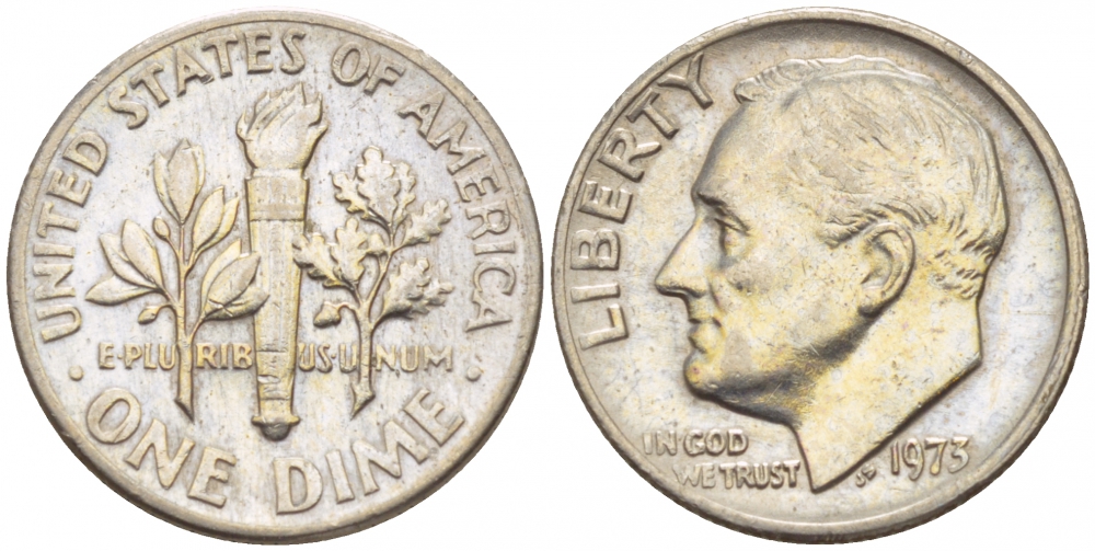 США 10 ЦЕНТОВ = 1 ДАЙМ 1973 РУЗВЕЛЬТ KM 195а медь плакированная медно-никелем 4547-944