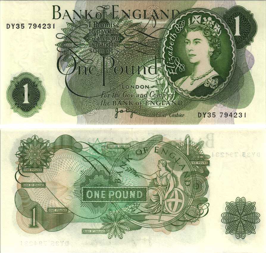 АНГЛИЯ 1 ФУНТ 1970-1977 ПОДПИСЬ J.B. PAGE Pick 374g бумага аUNC 7214-20-3-2