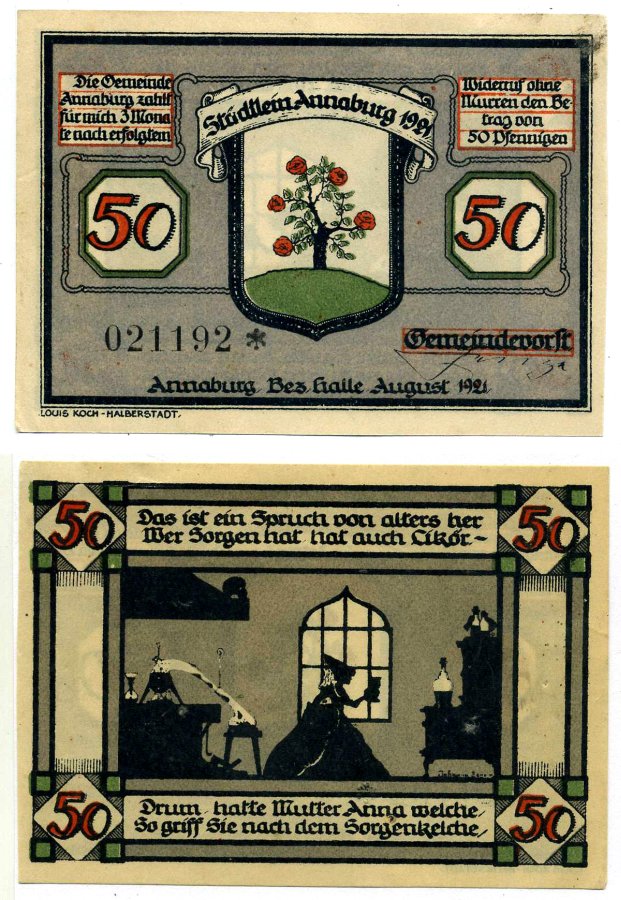 Аннабург 50 пфеннигов 1921 август 1921, нотгельд (номер 3, Das Ist En Spruch), земля Саксония-Анхальт Grabowski 34.1 бумага 2195-40-1-2