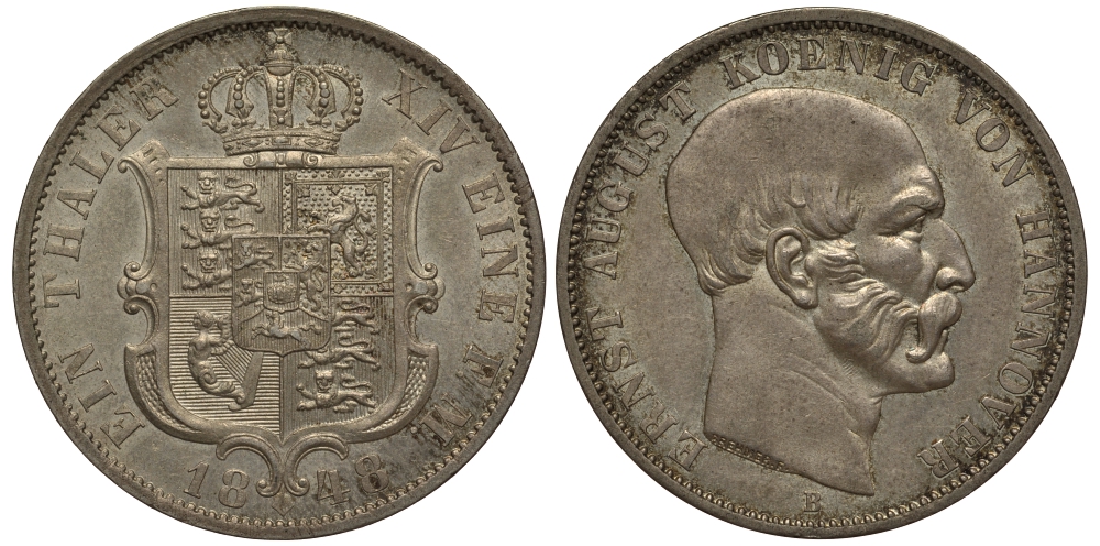 Брауншвейг-Каленберг-Ганновер 1 талер 1848 Эрнст Август (1837-1851) KM 208 серебро UNC 00-805-01