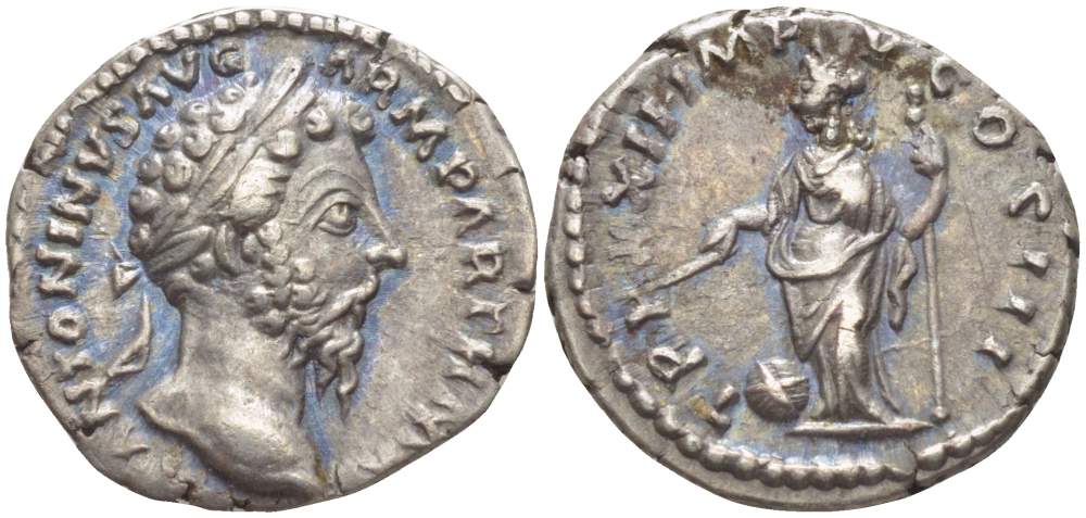 Римская Империя денарий 168 Марк Аврелий, ANTONINVS AVG PIVS ARM PARTH MAX, бюст императора / TR P XXIII IMP V COS III, Провиденция, Рим, 3,26 гр RIC 176 серебро 1073-18-93