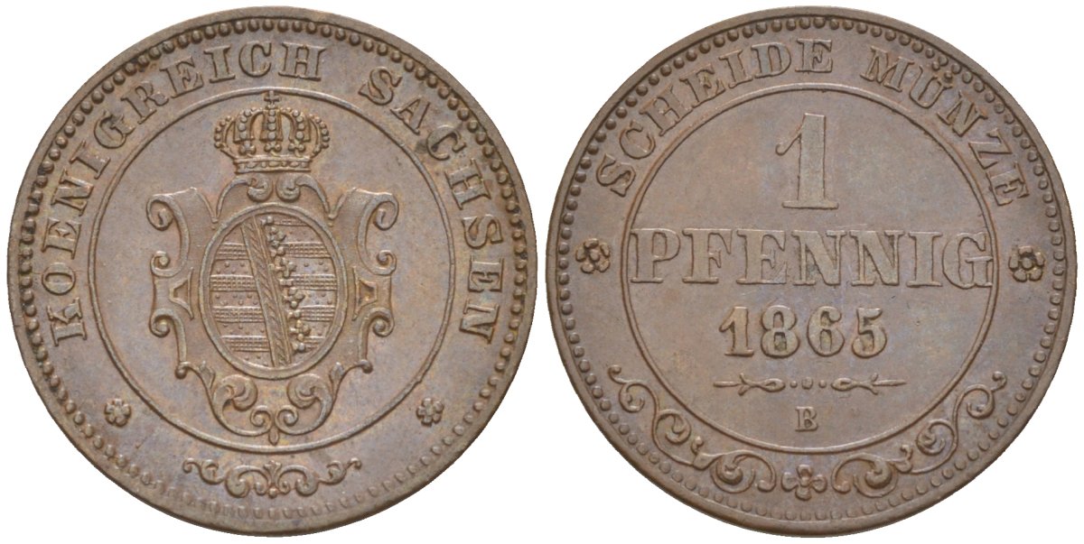 Саксония 1 пфенниг 1865 В, Иоганн (1854-1873) KM 1216, Jaeger 121, AKS 155 медь 4396-1042