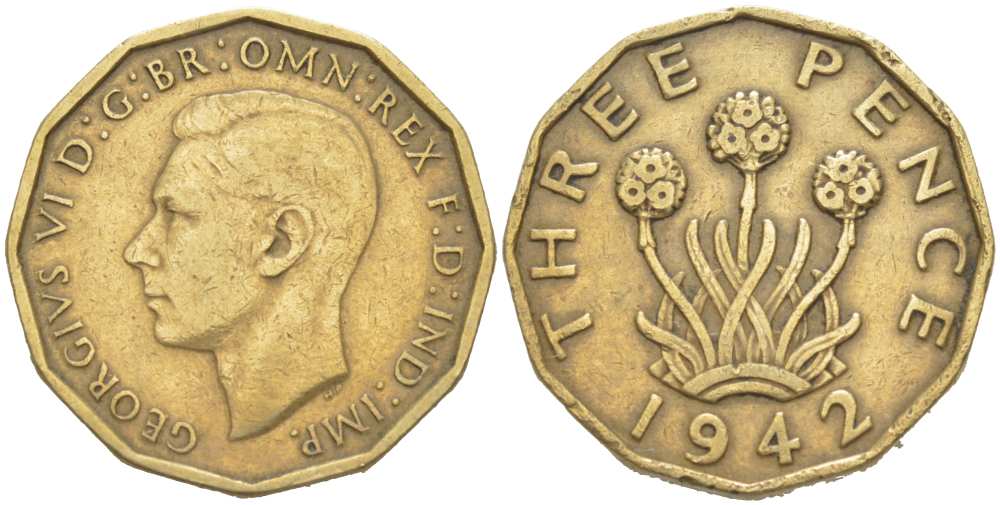 Великобритания 3 пенса 1942 Георг VI (1936-1952) KM 849, Spink 4112 никель латунь 217-332