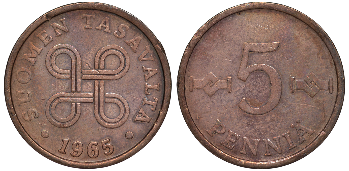 ФИНЛЯНДИЯ 5 ПЕННИ 1965 KM 45 медь 3334-1047