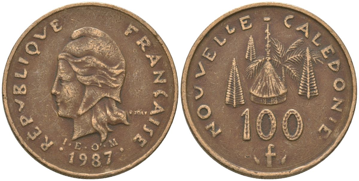 Французская Новая Каледония 100 франков 1987 хижина среди сосен и пальм, (IEOM) KM 15, Schoen 16, Lec 135 никель бронза 88-445