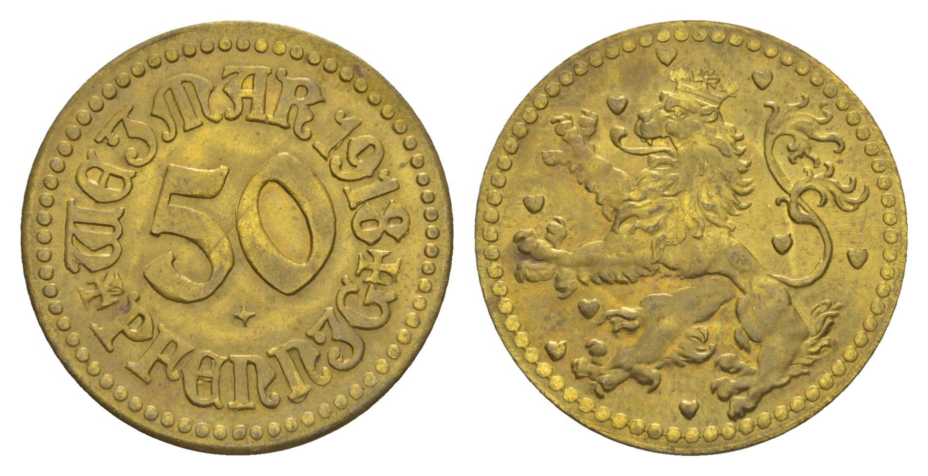 Веймар 50 пфеннигов 1918 Funck 586.3, Men18 33100.4 латунь UNC 1521-122