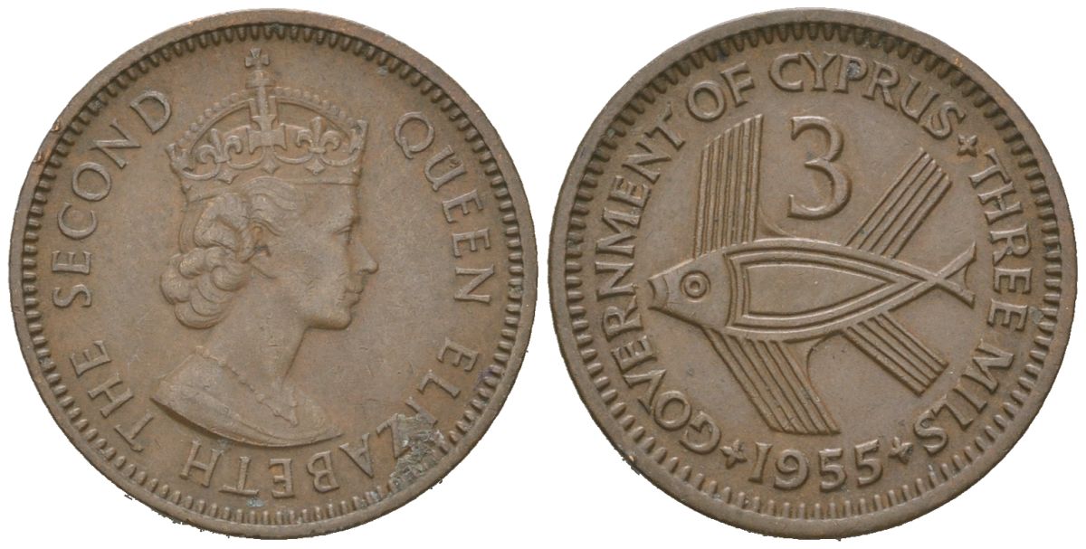 Кипр 3 миля 1955 Елизавета II (1952-2022), рыба KM 33 бронза 4152-623
