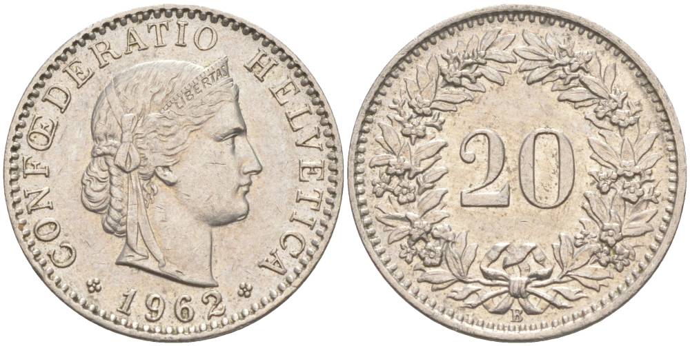 Швейцария 20 раппенов 1962 В KM 29a медно-никель 55-815