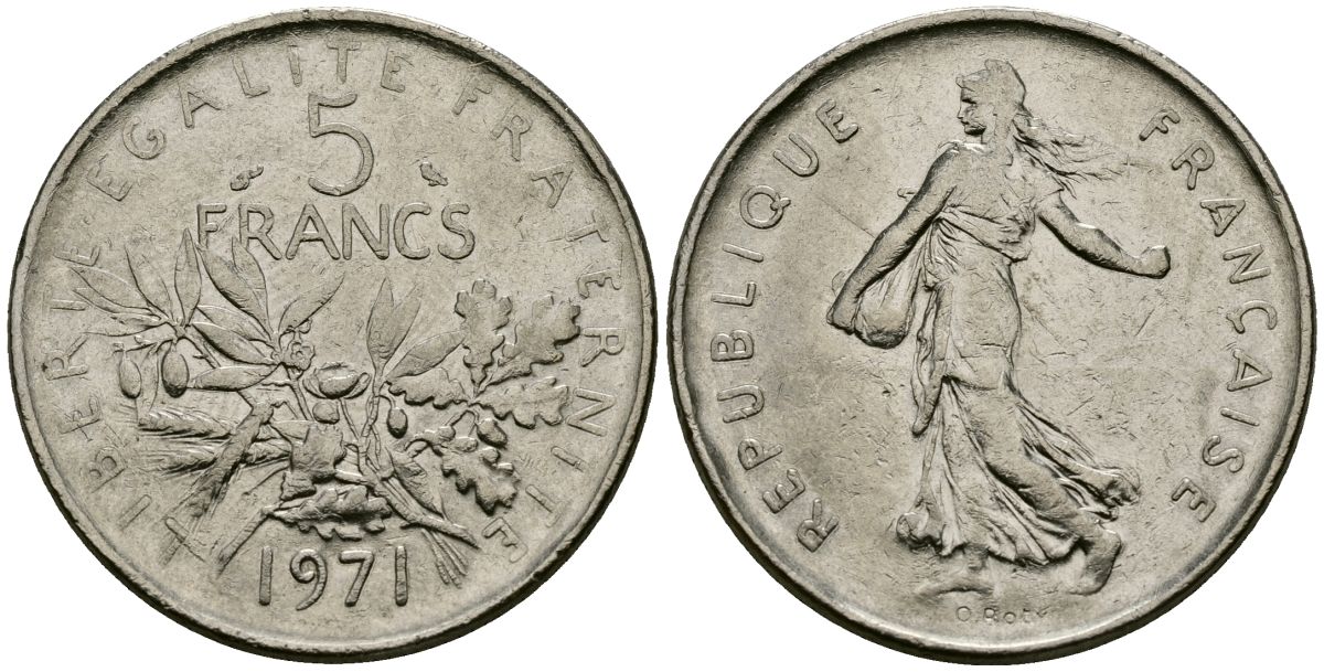 Франция 5 франков 1971 сеятель KM 926a.1, Le Franc 341.3 медно-никель плакированный никелем 4120-435