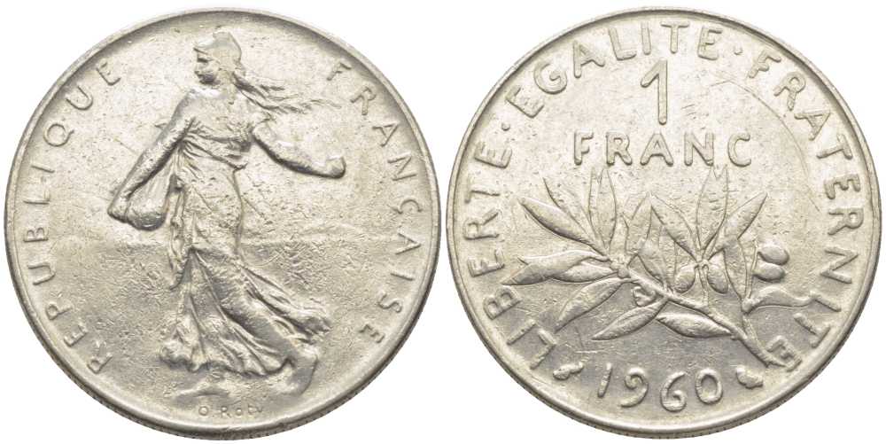 ФРАНЦИЯ 1 ФРАНК 1960 СЕЯТЕЛЬ KM 925.1, LE FRANC 226.4 никель 175-456