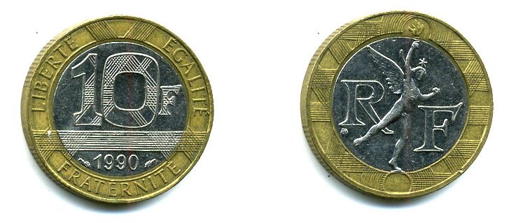Франция 10 франков 1990 тип Гений Бастилии KM 964.1, Le Frank 375.5 биметалл 36-824