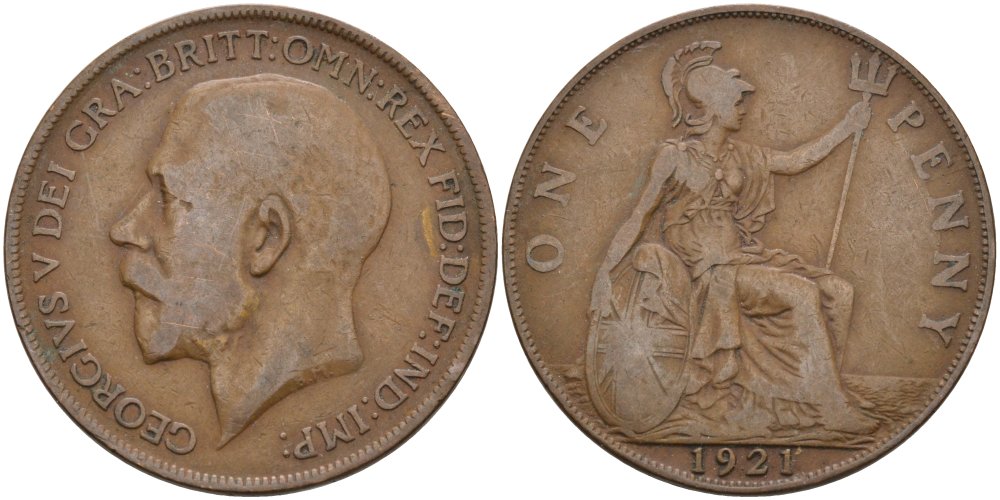 Великобритания 1 пенни 1921 Георг V (1910-1936) KM 810, Spink 4051 бронза 97-324