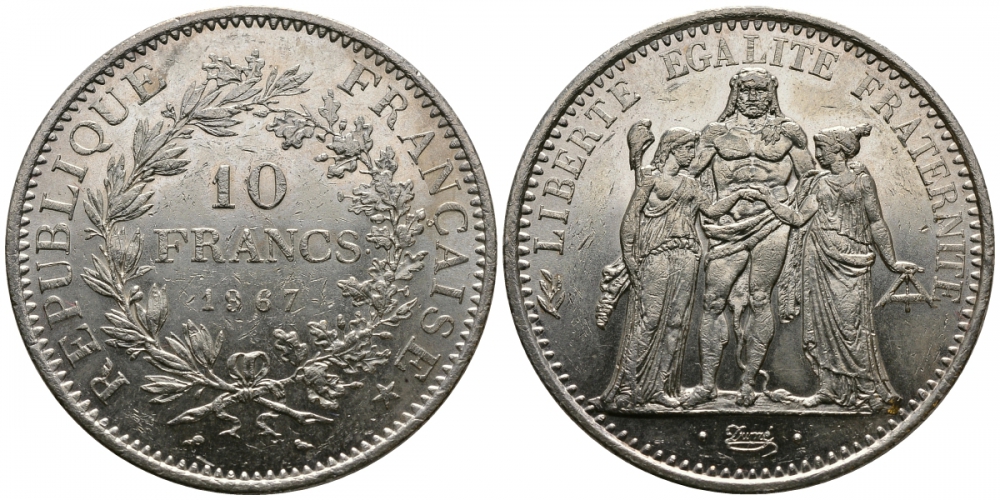 Франция 10 франков 1967 Геракл с богинями равенства и братства KM 932 серебро 413-2845