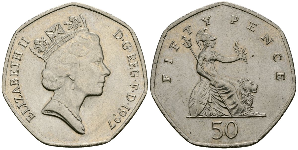 Великобритания 50 пенсов 1997 Елизавета II (1952-2022) KM 940.2, Spink 4351 (H7) медно-никель 4120-411
