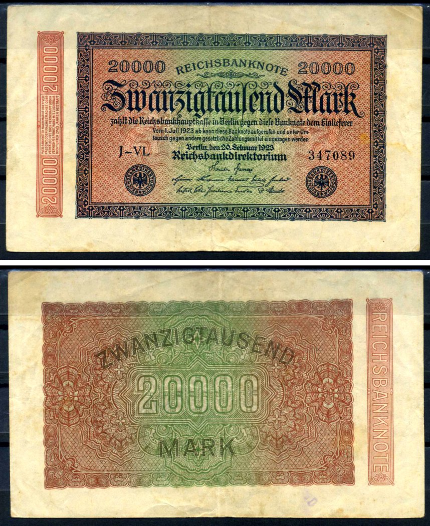 Германия 20000 марок 1923 20 февраля 1923, водяной знак L Pick 85 a бумага 8564-17-2-1