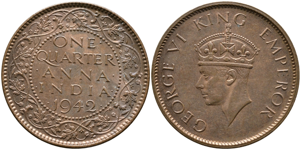 Британская Индия 1/4 анна 1942 Георг VI (1937-1952) KM 531 бронза aUNC 4364-2823