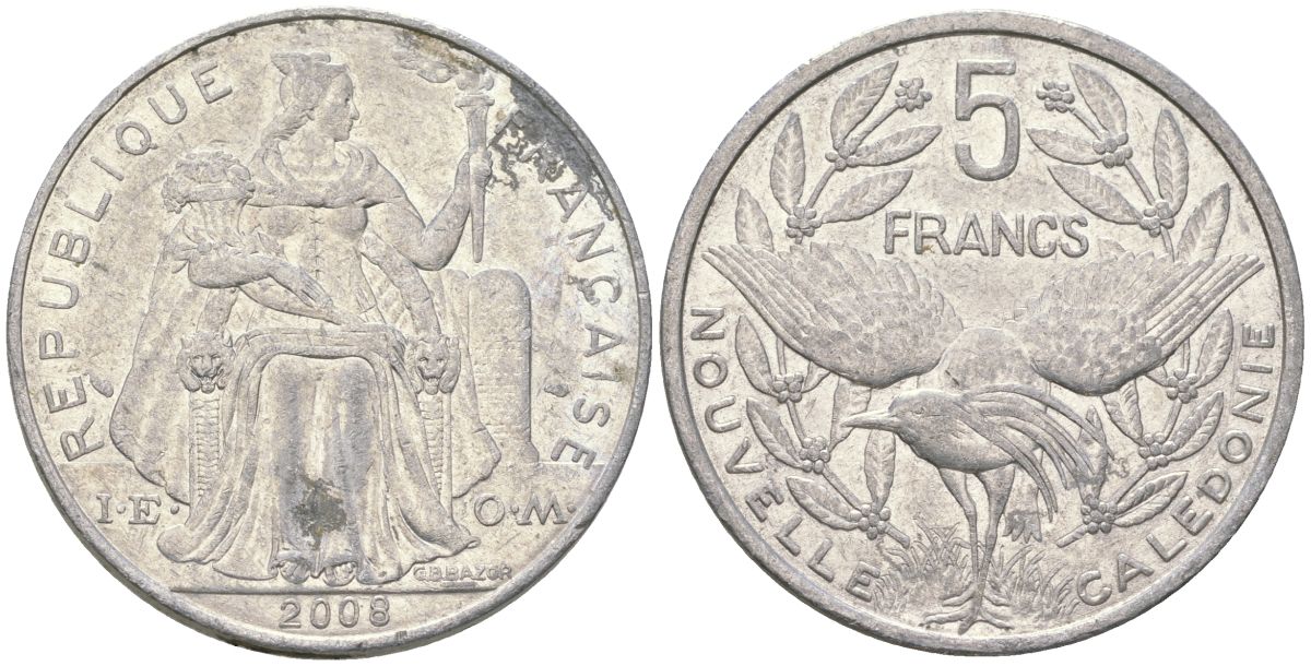 Французская Новая Каледония 5 франков 2008 птица кагу, (IEOM) KM 16, Schoen 12, Lec 81k алюминий 215-525