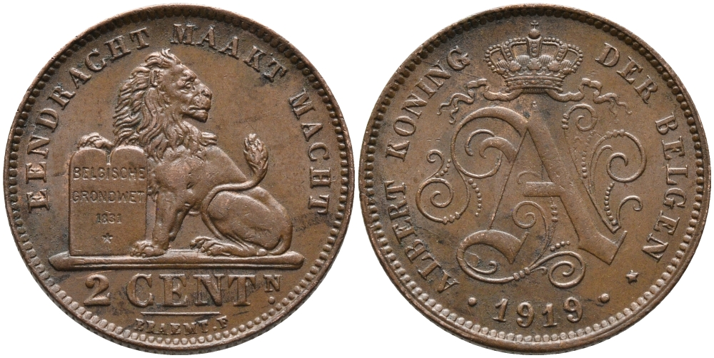 БЕЛЬГИЯ 2 САНТИМА 1919 BELGEN KM 65 медь 4390-1244