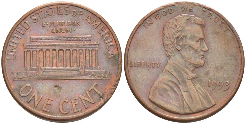США 1 цент 1993 Авраам Линкольн KM 201b цинк плакированный медью 211-1138