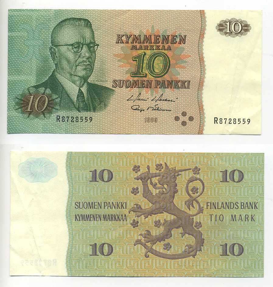 ФИНЛЯНДИЯ 10 МАРОК 1980 Pick 111a бумага 7214-15-1