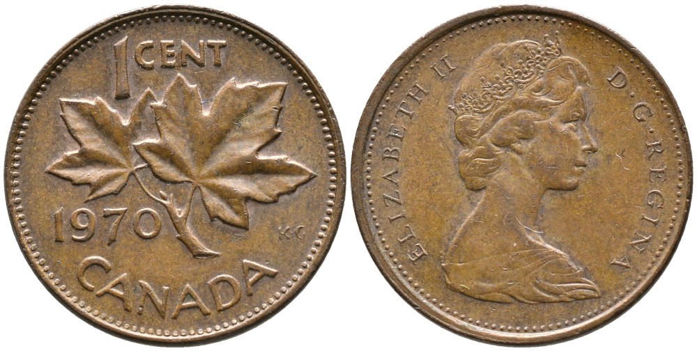 Канада 1 цент 1970 Елизавета II (1952-2022), кленовый лист KM 59.1 бронза 4528-734