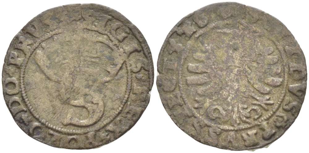 Польша, Восточная Пруссия 1 шиллинг (шеляг) 1528 Сигизмунд I Старый (1506-1548), вес 0,89 гр. серебро 1517-333