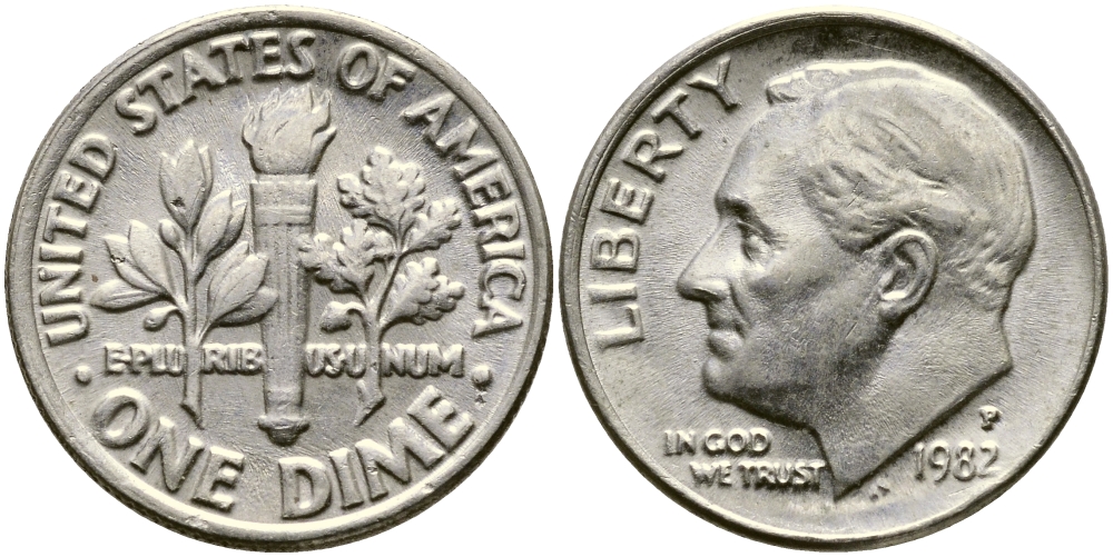 США 10 центов (дайм) 1982 P, Рузвельт KM 195а медь плакированная медно-никелем 46-2549