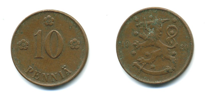 Финляндия 10 пенни 1920 республика (1918-1962) KM 24 медь 36-1133