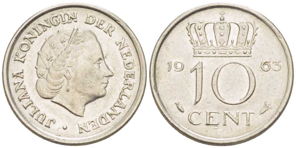 НИДЕРЛАНДЫ 10 ЦЕНТОВ 1963 ЮЛИАНА (1948-1980) KM 182 никель 214-1165