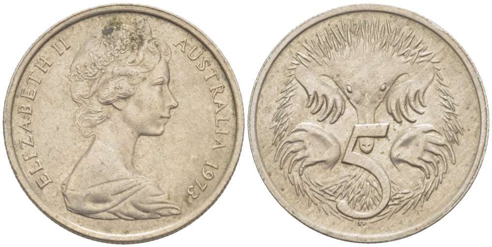 АВСТРАЛИЯ 5 ЦЕНТОВ 1973 ЕЛИЗАВЕТА II (1952-) МОЛОДОЙ ПОРТРЕТ, ЕХИДНА KM 64 медно-никель 4516-654