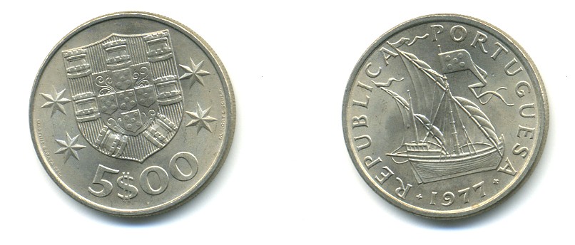 ПОРТУГАЛИЯ 5 ЭСКУДО 1977 ПАРУСНИК KM 591 медно-никель 176-311