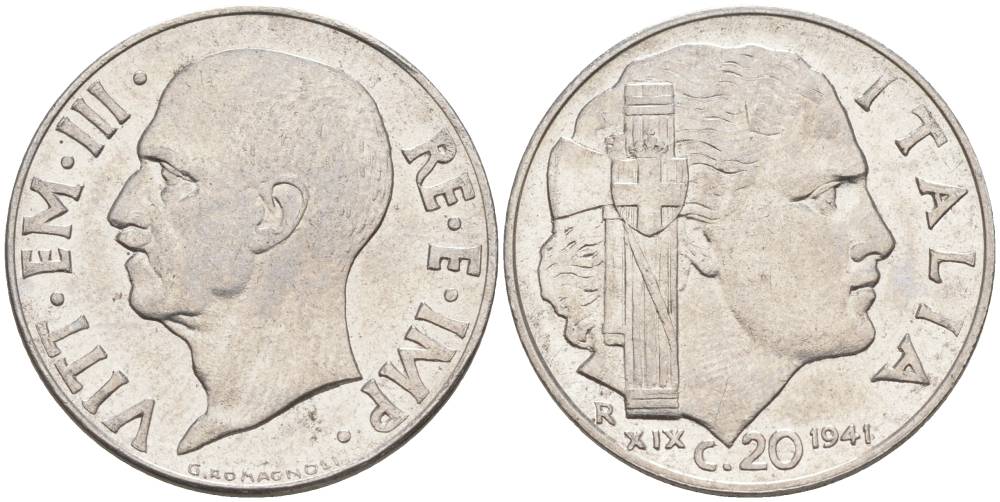 ИТАЛИЯ 20 ЧЕНТЕЗИМО 1941 R, ГОД XIX, ВИКТОР ЭММАНУИЛ III (1900-1946) KM 75b, VEM3. 1028 нержавеющая сталь 3853-743