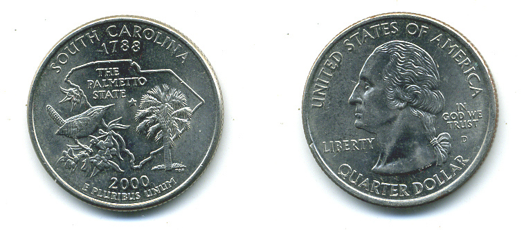 США 25 центов = квотер 2000 D, серия штаты США, Южная Каролина KM 307 медь плакированная медно-никелем 4388-814