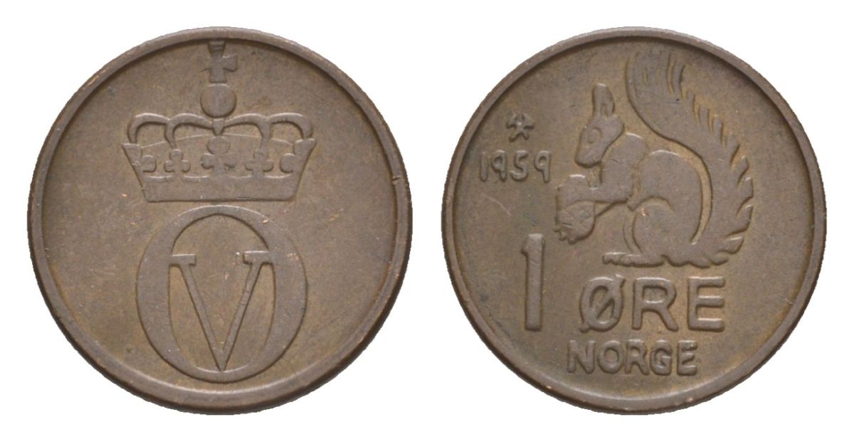 Норвегия 1 эре 1959 Улаф V (1957-1991) KM 403 бронза 4632-1111