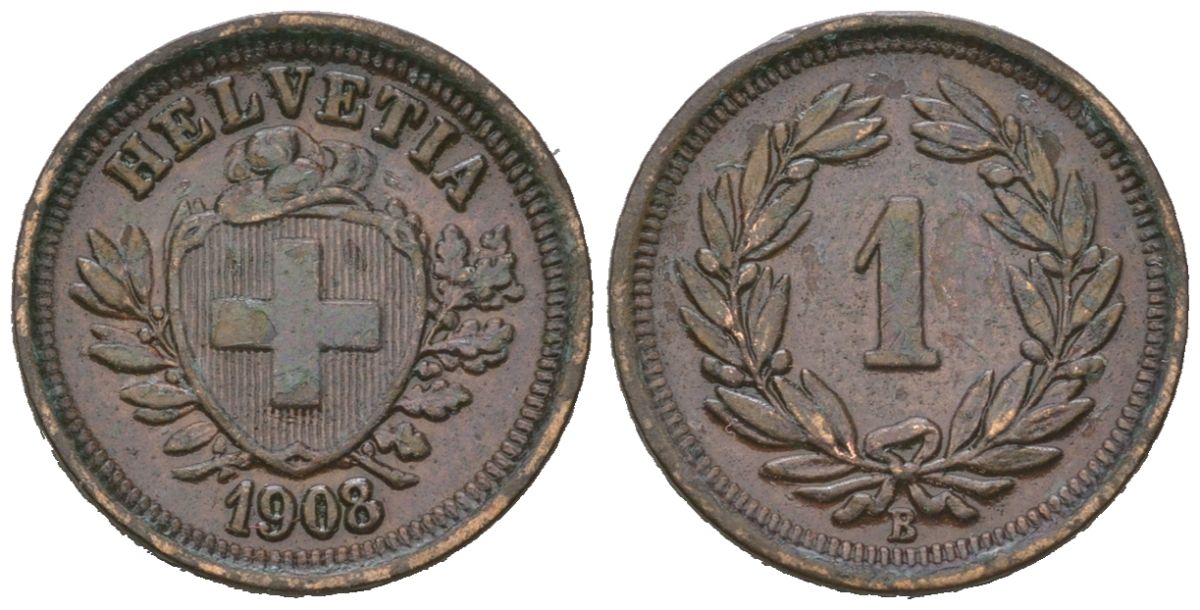 Швейцария 1 раппен 1908 B KM 3 бронза 26-943