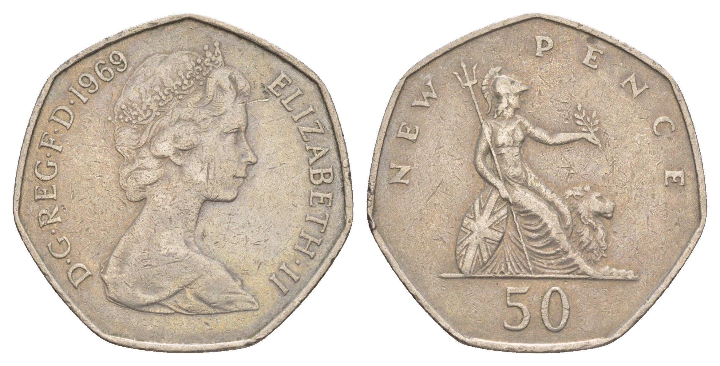 Великобритания 50 пенсов 1969 Елизавета II (1952-2022) KM 913, Spink 4223 медно-никель 4634-544