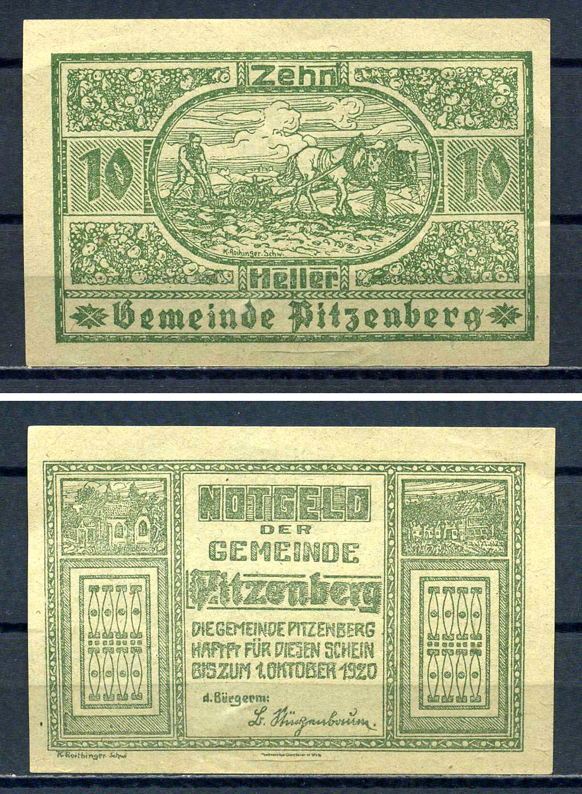 Питценберг (Австрия) 10 геллеров 1920 Jaksc/Pick?JPR0753-10 бумага UNC (пресс) 7556-35-2-1