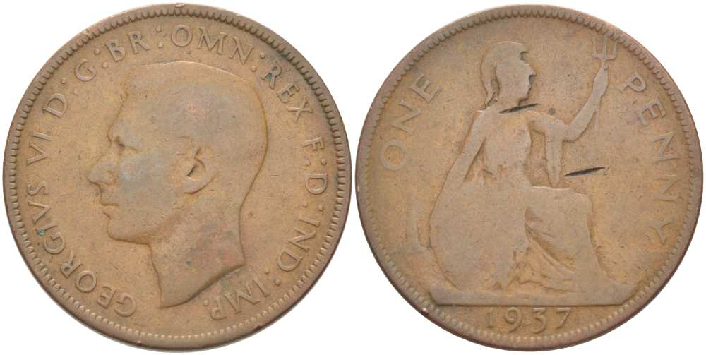 Великобритания 1 пенни 1937 Георг VI (1936-1952) KM 845, Spink 4114 бронза 215-712