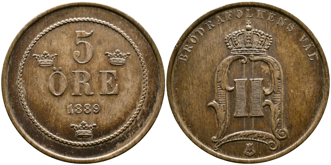 Швеция 5 эре 1889 Оскар II (1872-1907) король Швеции и Норвегии, большие цифры года KM 757 бронза 53-657